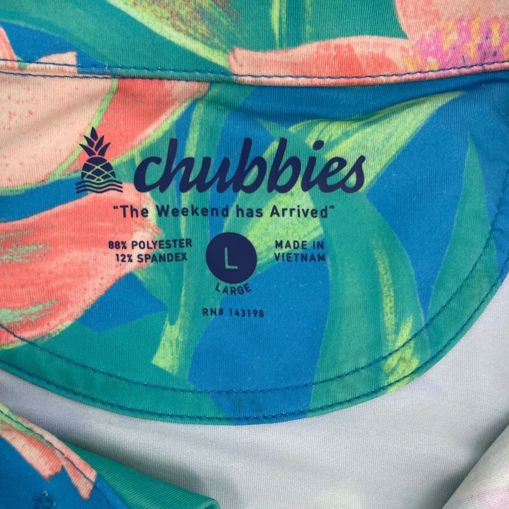 Chubbies Polo Shirt Mens Large Blue Floral Golf Performance Polo Tropical L